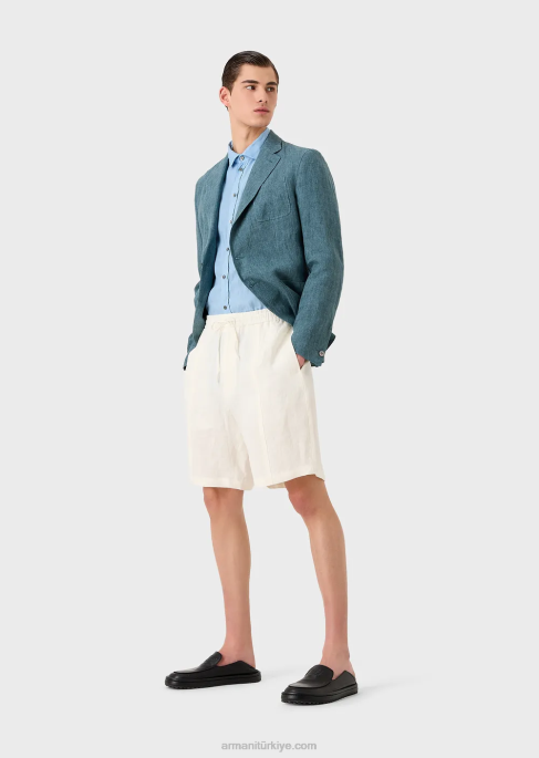 erkekler Armani fransız yakalı, keten kısa kollu gömlek masmavi T8HD1065