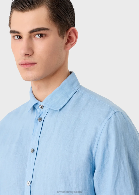 erkekler Armani fransız yakalı, keten kısa kollu gömlek masmavi T8HD1065