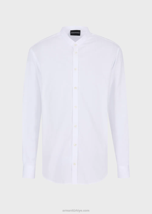 erkekler Armani guru yakalı dikey geometrik desenli jakarlı gömlek beyaz T8HD1112