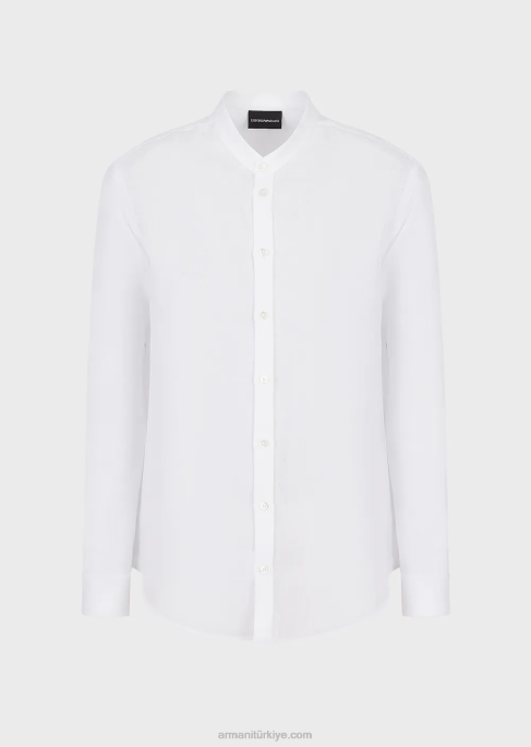 erkekler Armani guru yakalı keten chambray gömlek beyaz T8HD1099