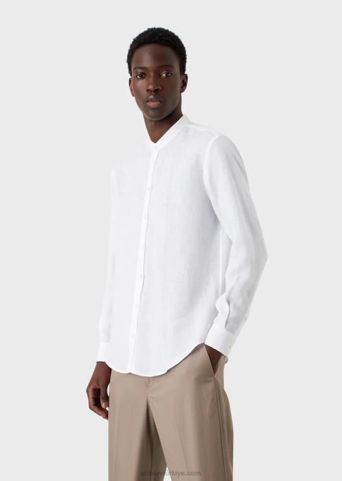 erkekler Armani guru yakalı keten chambray gömlek beyaz T8HD1099