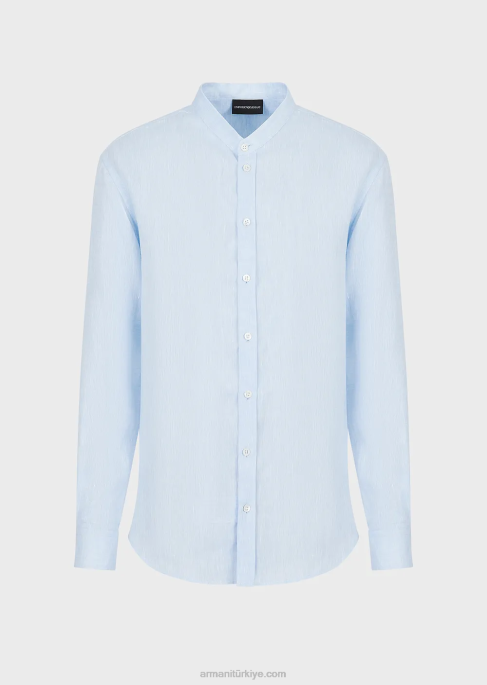 erkekler Armani guru yakalı keten chambray gömlek masmavi T8HD1098