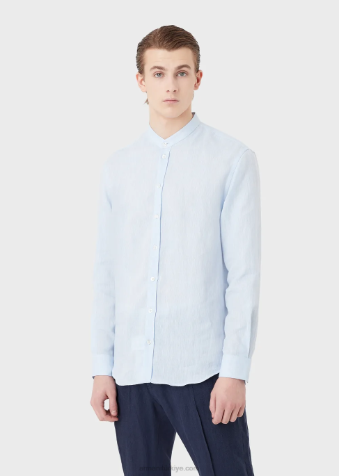 erkekler Armani guru yakalı keten chambray gömlek masmavi T8HD1098
