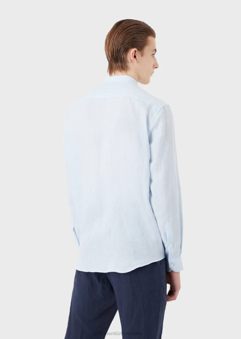 erkekler Armani guru yakalı keten chambray gömlek masmavi T8HD1098