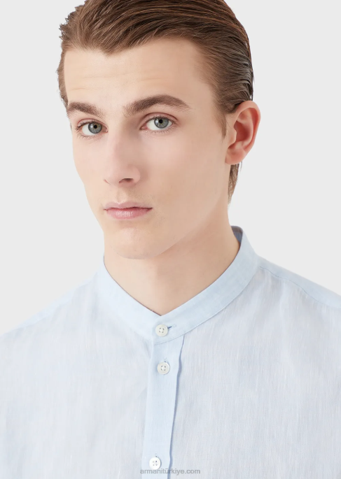 erkekler Armani guru yakalı keten chambray gömlek masmavi T8HD1098