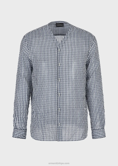 erkekler Armani iki tonlu ipek karışımlı gofre kumaşlı v yaka gömlek model T8HD1113