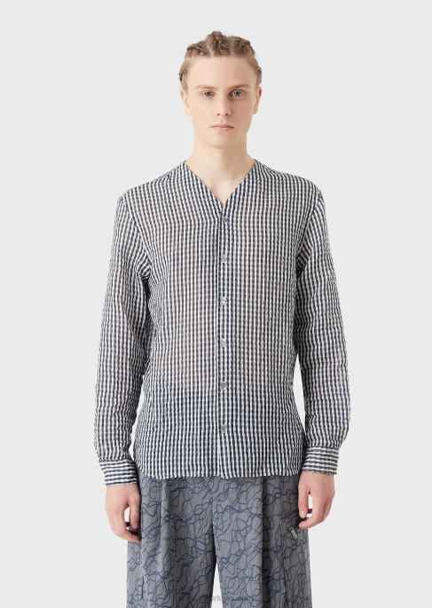 erkekler Armani iki tonlu ipek karışımlı gofre kumaşlı v yaka gömlek model T8HD1113