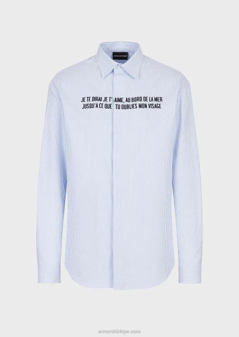 erkekler Armani je te dirai je t'aime nakışlı oxford pamuklu gömlek masmavi T8HD1072