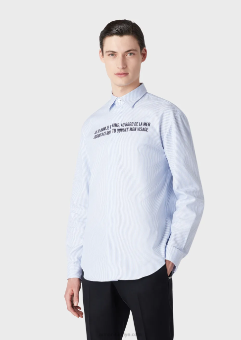erkekler Armani je te dirai je t'aime nakışlı oxford pamuklu gömlek masmavi T8HD1072