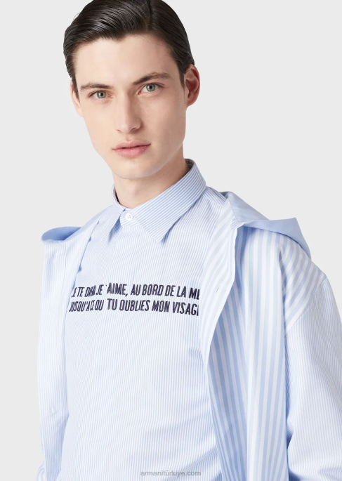 erkekler Armani je te dirai je t'aime nakışlı oxford pamuklu gömlek masmavi T8HD1072
