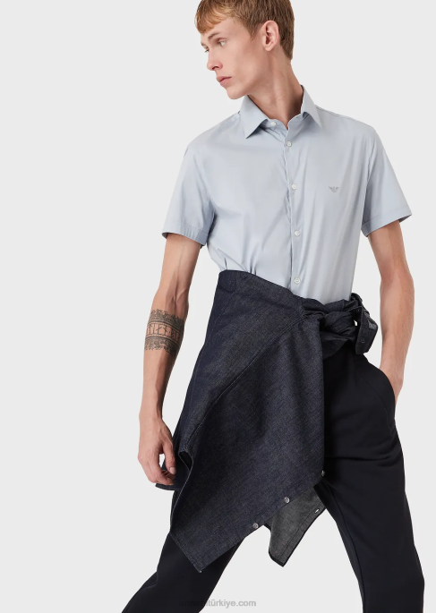 erkekler Armani kısa kollu, streç naylon karışımlı gömlek masmavi T8HD1119