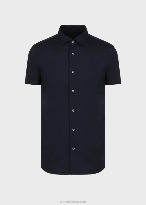 erkekler Armani kısa kollu tencel jarse karışımlı gömlek lacivert T8HD1116