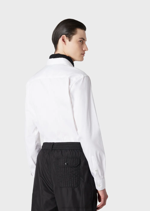 erkekler Armani kartal işlemeli streç naylon karışımlı gömlek beyaz T8HD1102