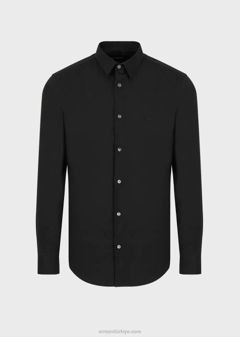 erkekler Armani kartal işlemeli streç naylon karışımlı gömlek siyah T8HD1100