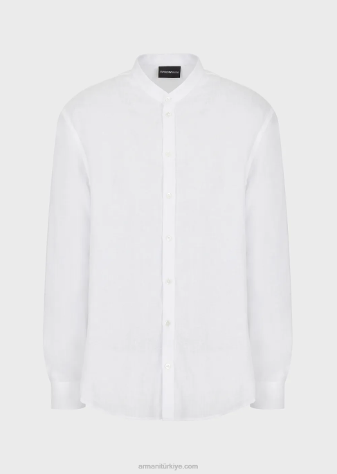 erkekler Armani modern kesim, keten şal, guru yakalı gömlek beyaz T8HD1142