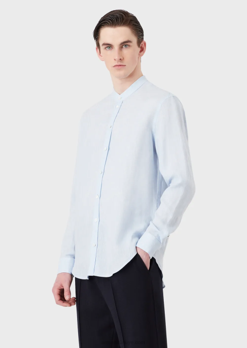 erkekler Armani modern kesim, keten şal, guru yakalı gömlek masmavi T8HD1141