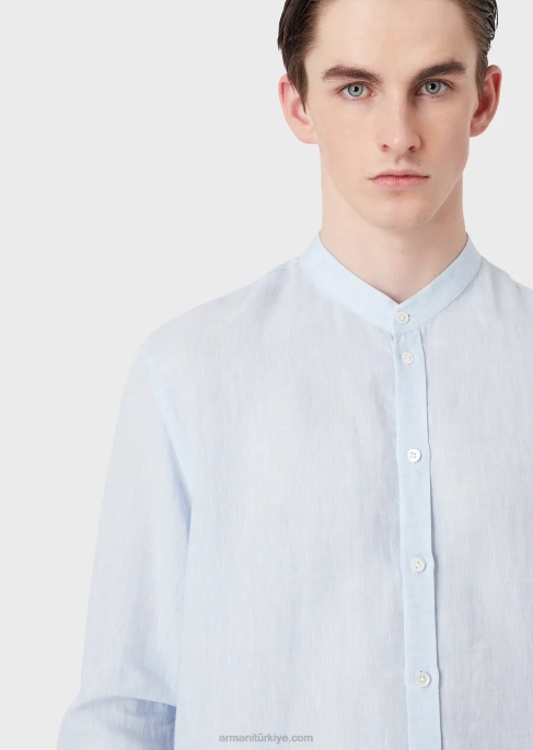 erkekler Armani modern kesim, keten şal, guru yakalı gömlek masmavi T8HD1141
