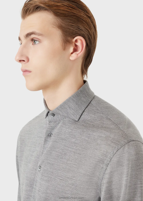 erkekler Armani okaliptüs yünü karışımlı dokulu jarse gömlek gri T8HD1124