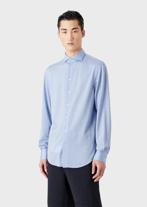 erkekler Armani okaliptüs yünü karışımlı dokulu jarse gömlek masmavi T8HD1123