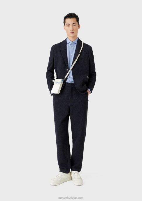 erkekler Armani okaliptüs yünü karışımlı dokulu jarse gömlek masmavi T8HD1123