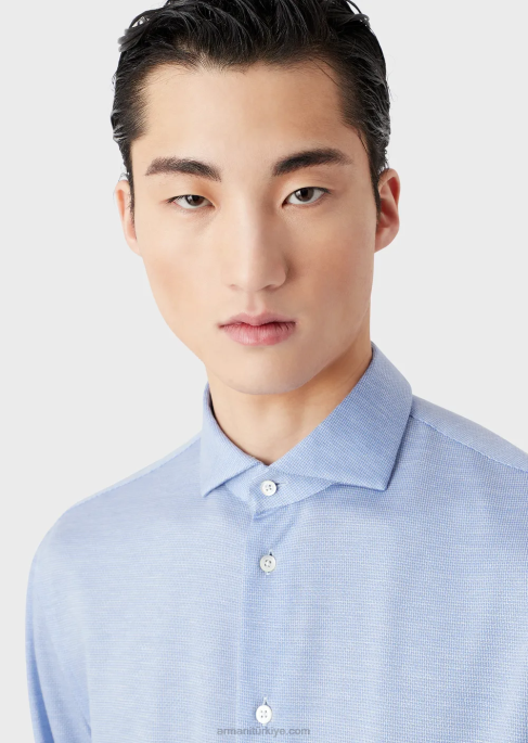 erkekler Armani okaliptüs yünü karışımlı dokulu jarse gömlek masmavi T8HD1123