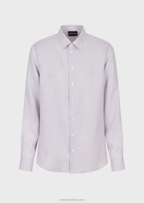 erkekler Armani op art mikro desenli jakarlı keten gömlek gri T8HD1131