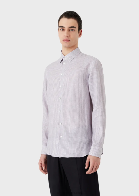 erkekler Armani op art mikro desenli jakarlı keten gömlek gri T8HD1131