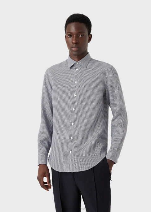 erkekler Armani op art mikro desenli jakarlı keten gömlek siyah T8HD1132