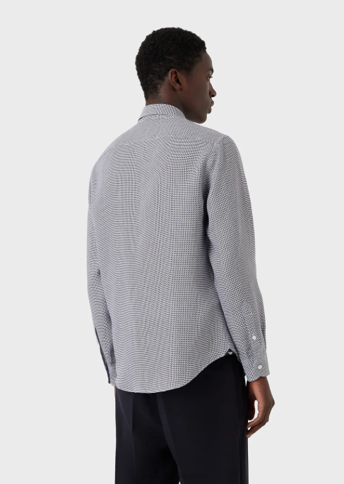 erkekler Armani op art mikro desenli jakarlı keten gömlek siyah T8HD1132