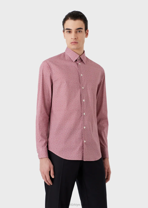 erkekler Armani op art mikro desenli streç pamuklu gömlek kırmızı T8HD1135