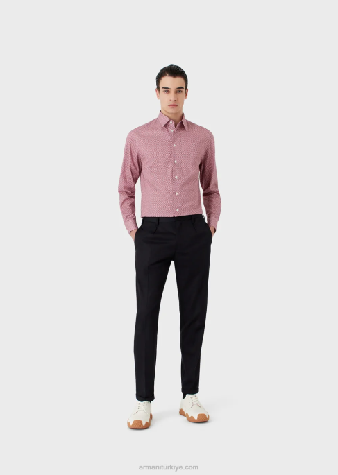 erkekler Armani op art mikro desenli streç pamuklu gömlek kırmızı T8HD1135