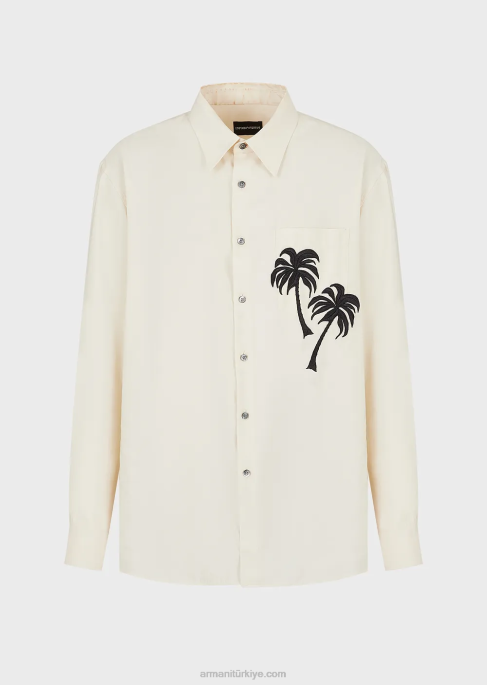 erkekler Armani palmiye ağacı yama ile pürüzsüz yüzeyli modal gömlek beyaz T8HD1088