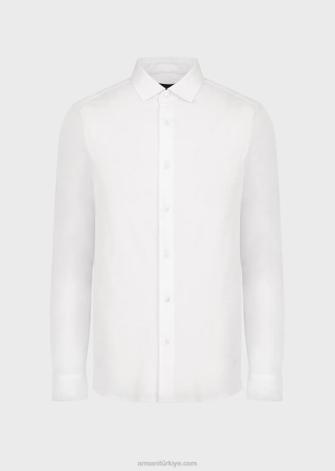 erkekler Armani tencel karışımlı jarse gömlek beyaz T8HD1107
