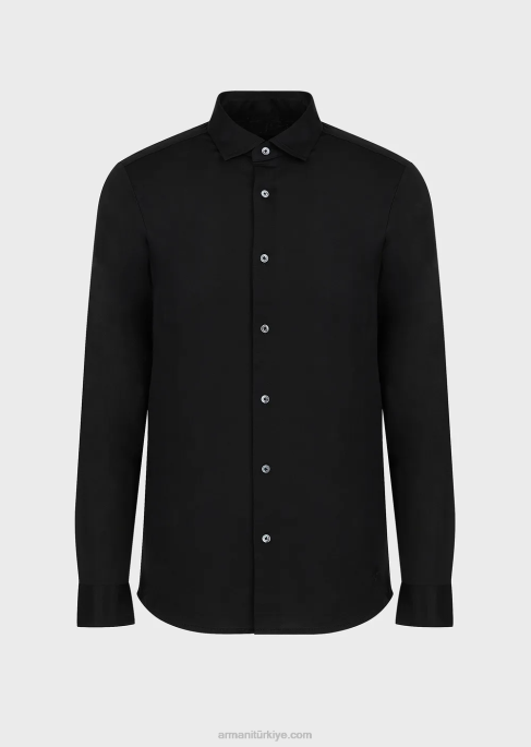 erkekler Armani tencel karışımlı jarse gömlek siyah T8HD1109