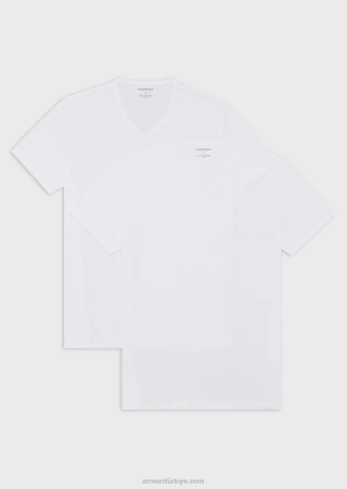 erkekler Armani iki paket normal kesim, saf pamuklu, v yakalı iç çamaşırı t-shirt beyaz T8HD1816