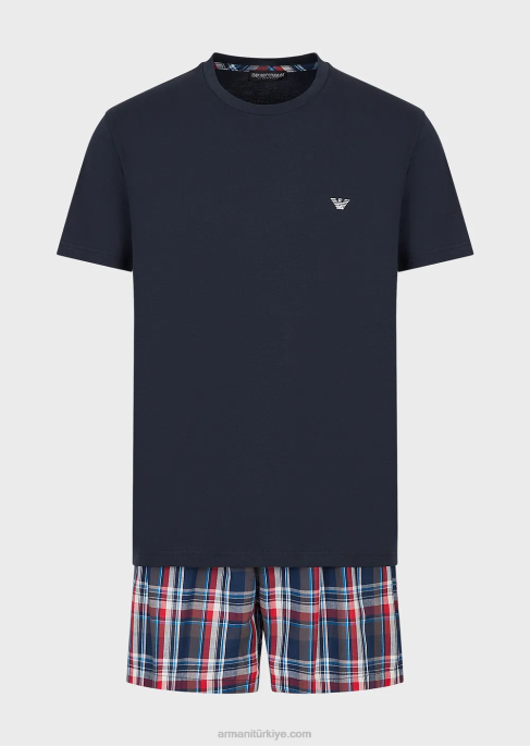erkekler Armani jakar desenli boxer pijama mavi lacivert T8HD1805