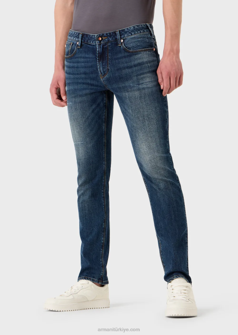 erkekler Armani j06 dar kesim, yıpranmış görünümlü rahat kot pantolon orta mavi T8HD1155