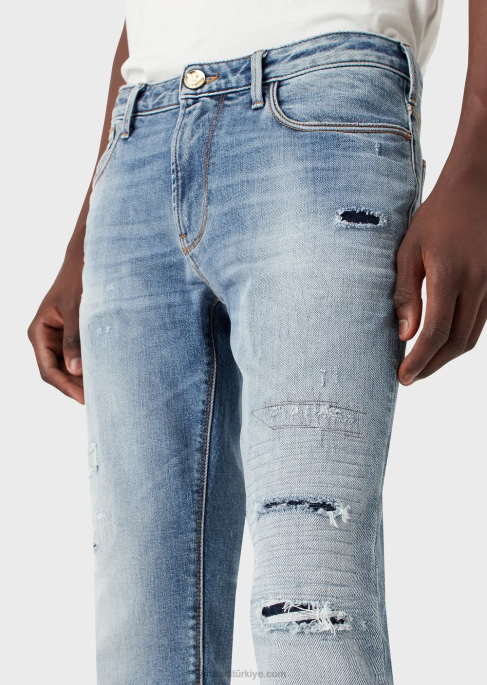 erkekler Armani j06 dar kesim, yırtık hafif kot pantolon açık mavi T8HD1188