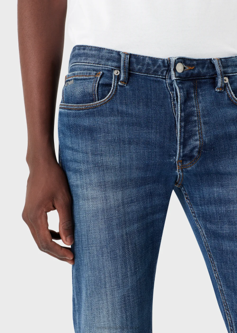 erkekler Armani j75 dar kesim, eskitilmiş görünümlü organik kot pantolon mavi T8HD1164