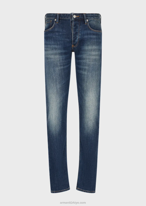erkekler Armani j75 dar kesim, eskitilmiş görünümlü organik kot pantolon orta mavi T8HD1165