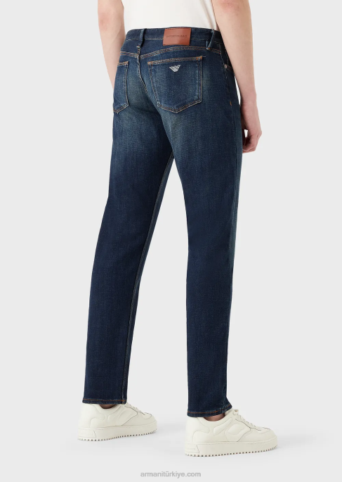 erkekler Armani j75 dar kesim, eskitilmiş görünümlü organik kot pantolon orta mavi T8HD1165