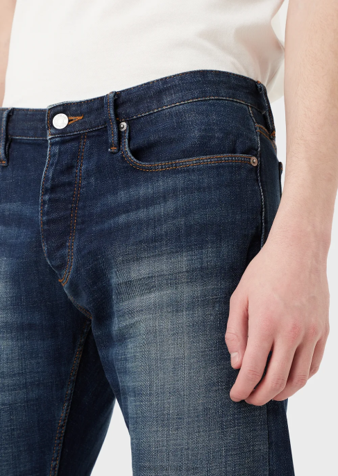 erkekler Armani j75 dar kesim, eskitilmiş görünümlü organik kot pantolon orta mavi T8HD1165