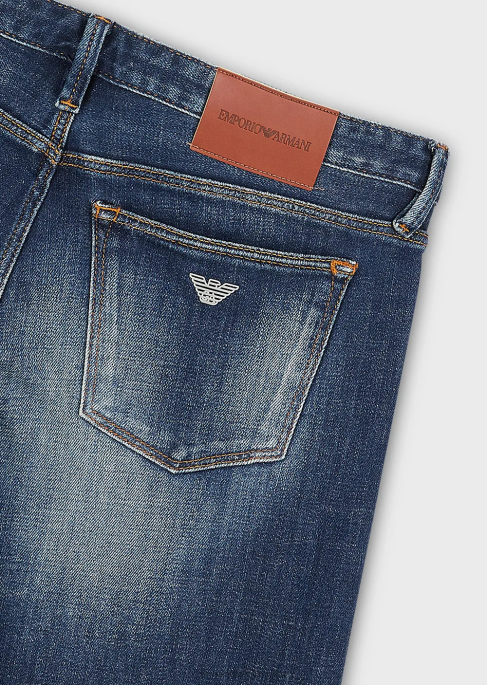 erkekler Armani j75 dar kesim, eskitilmiş görünümlü organik kot pantolon orta mavi T8HD1165