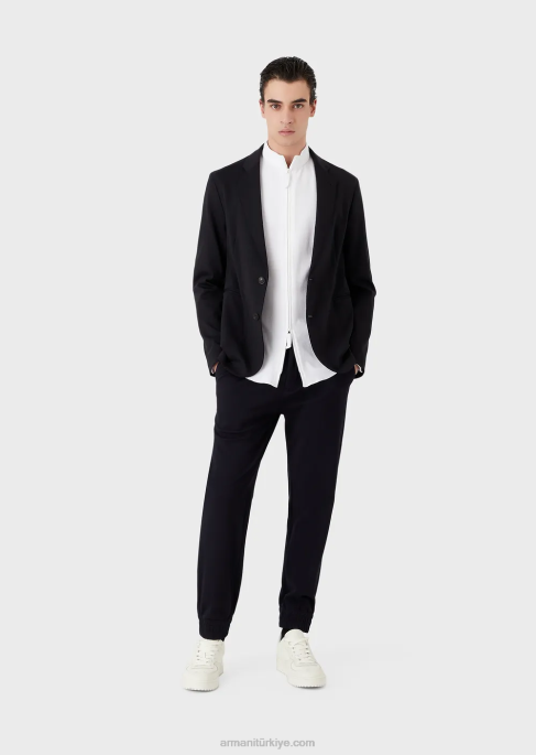 erkekler Armani 3 boyutlu streç teknik jarse bilekte elastik manşetli pantolon lacivert T8HD1368