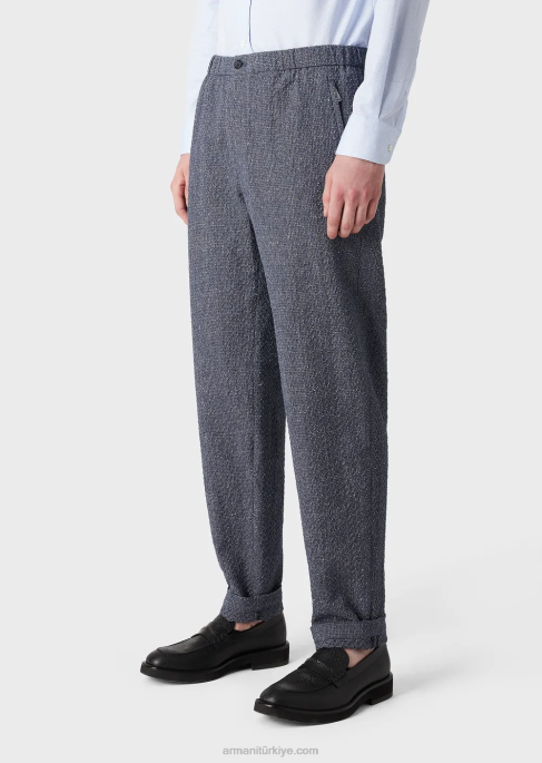 erkekler Armani Beli lastikli, 3d efektli jakarlı keten karışımlı pantolon uçak T8HD1453