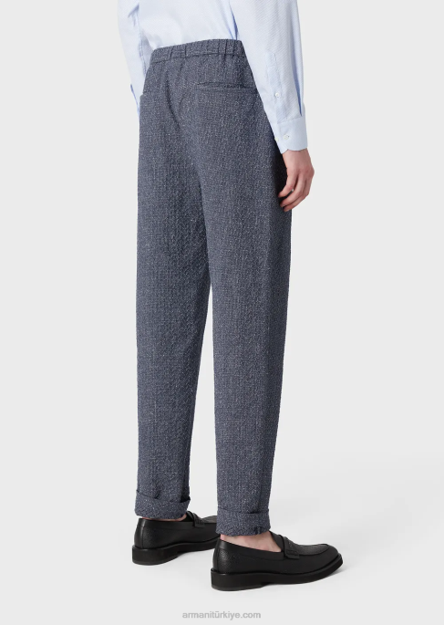 erkekler Armani Beli lastikli, 3d efektli jakarlı keten karışımlı pantolon uçak T8HD1453