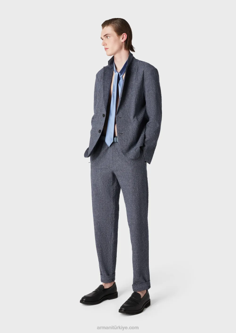 erkekler Armani Beli lastikli, 3d efektli jakarlı keten karışımlı pantolon uçak T8HD1453