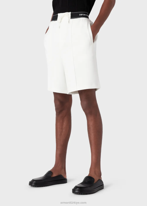 erkekler Armani büzgü ipli ve logolu belli çift jarse şort beyaz T8HD1401