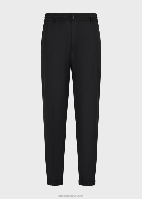 erkekler Armani bilekte elastik manşetli yırtılmaz yün karışımlı pantolon siyah T8HD1483