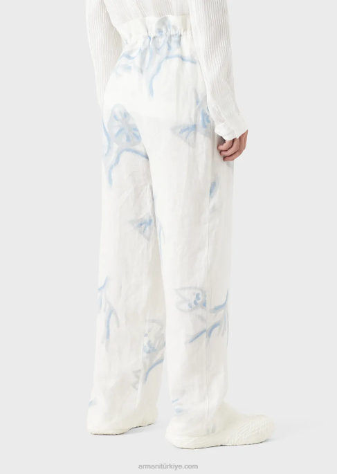 erkekler Armani boydan boya mercan desenli keten büzgü ipli pantolon beyaz T8HD1459